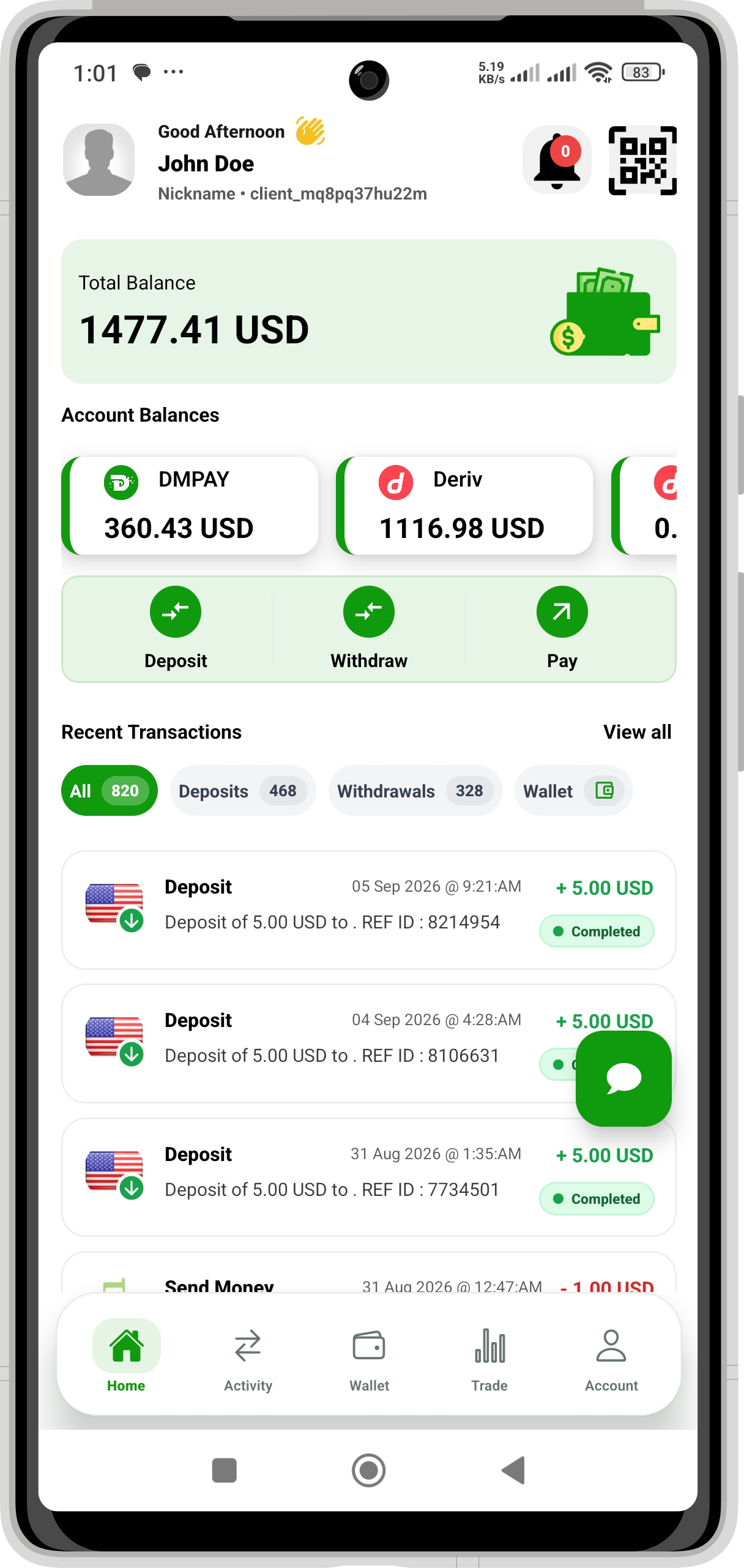 DM PAY Account overview screen: Balances and recent activity